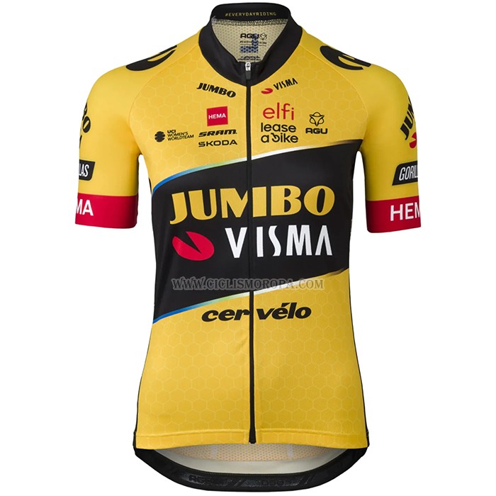 2023 Ropa Ciclismo Jumbo Visma AMarillo Negro Mangas Cortas y Culotte Corto